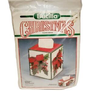 Vintage Bucilla Bow 'N Holly Boutique Tissue Box Cover 3D Needlepoint Kit #61077